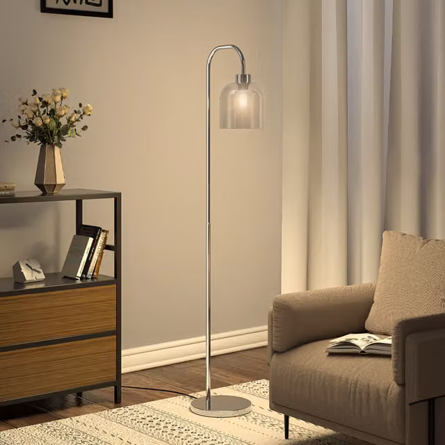 Livingandhome Modern Floor Lamp with Metal Base and Transparent Glass Cylinder Lampshade in Chrome