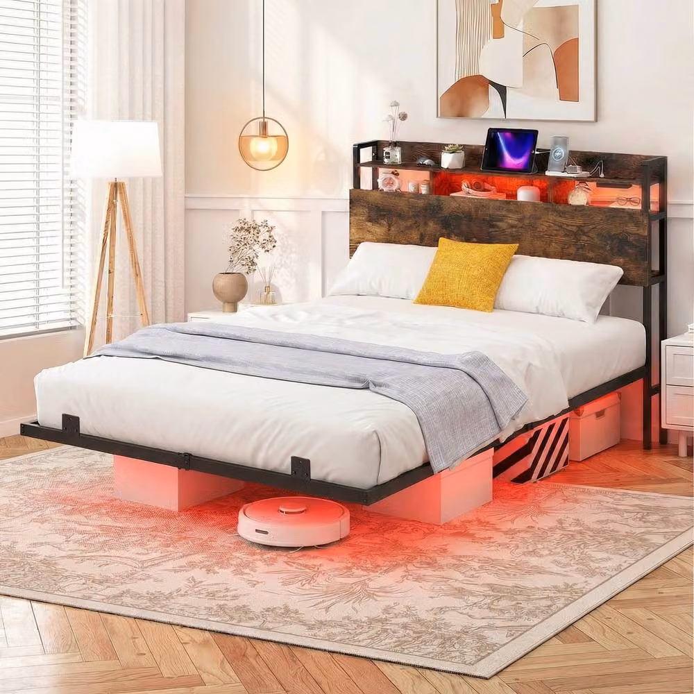 Costway King Size Floating Platform Bed Frame in Brown with LED Lights, USB Charging Port and Side Compartments, W/D/H: 180 x 200 cm – 4