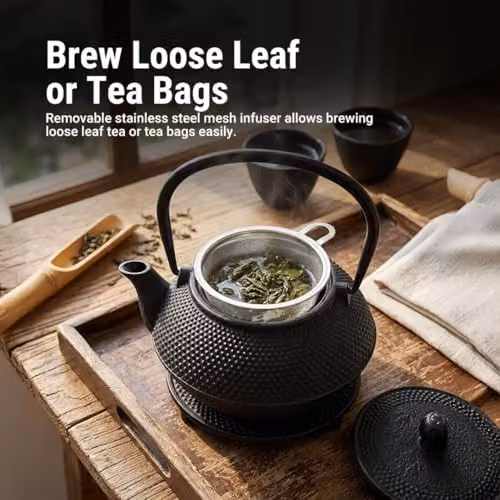 Gr8 Home 5 in 1 Cast Iron Japanese Style Teapot Set with Infuser, Cups and Trivet, Black, 800ml – 4