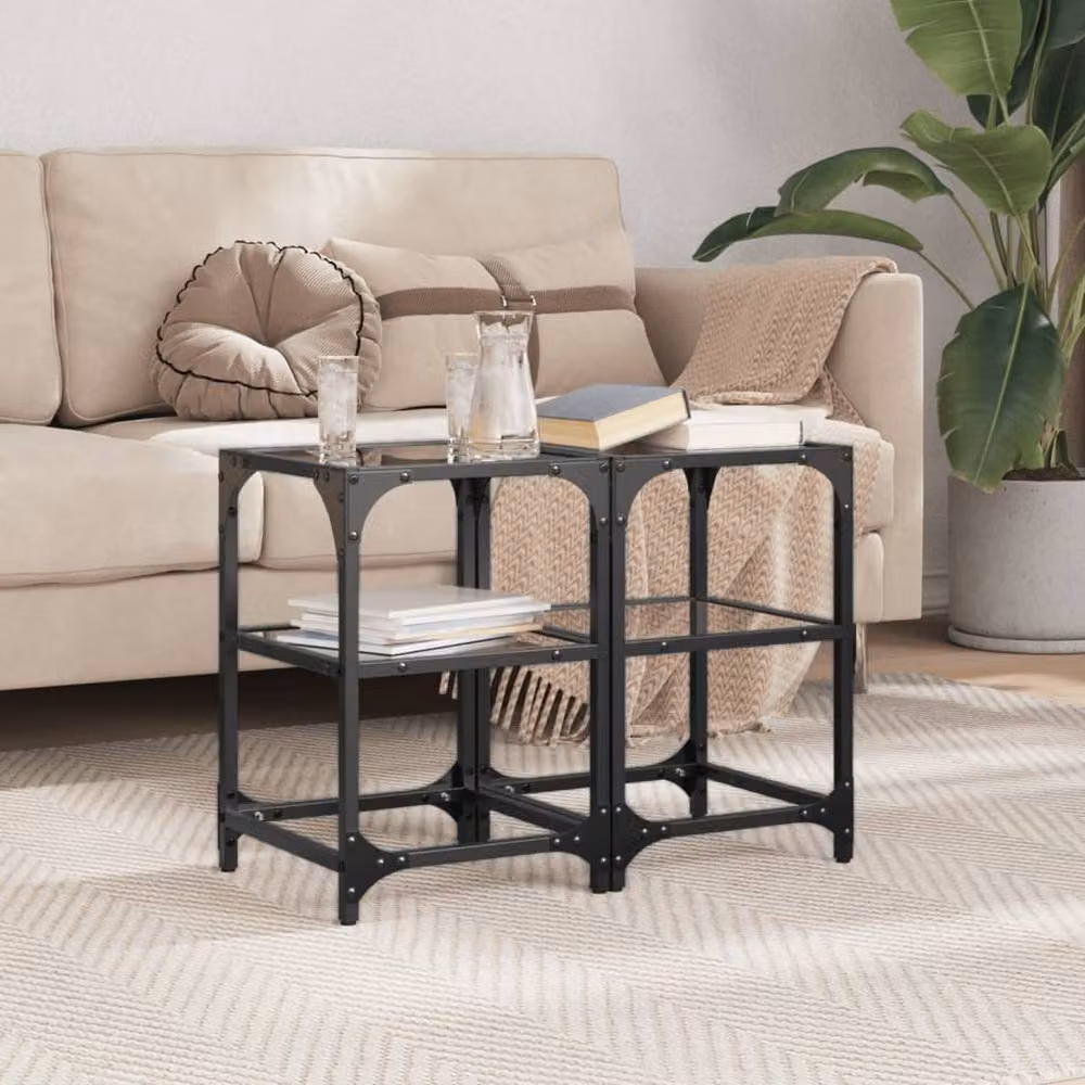 Berkfield Home Set of 2 Black Glass Top Coffee Tables with Steel Frame, W/D/H: 30 x 30 x 45 cm – 2