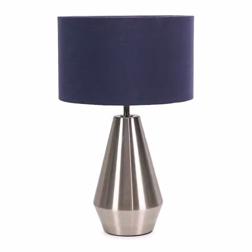 ValueLights Silver Metal Touch Dimmer Table Lamp with Blue Fabric Drum Shade