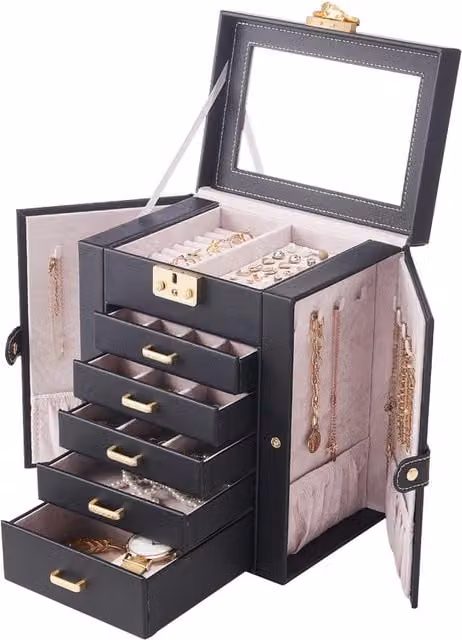 Komore Black Fabric Lockable Multi-Drawer Jewellery Box