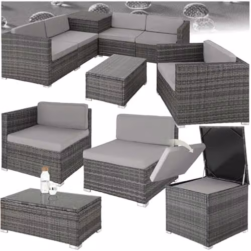 tectake Grey Rattan L-Shape Garden Lounge Set with Upholstered Cushions, Coffee Table and Matching Ottoman – 1
