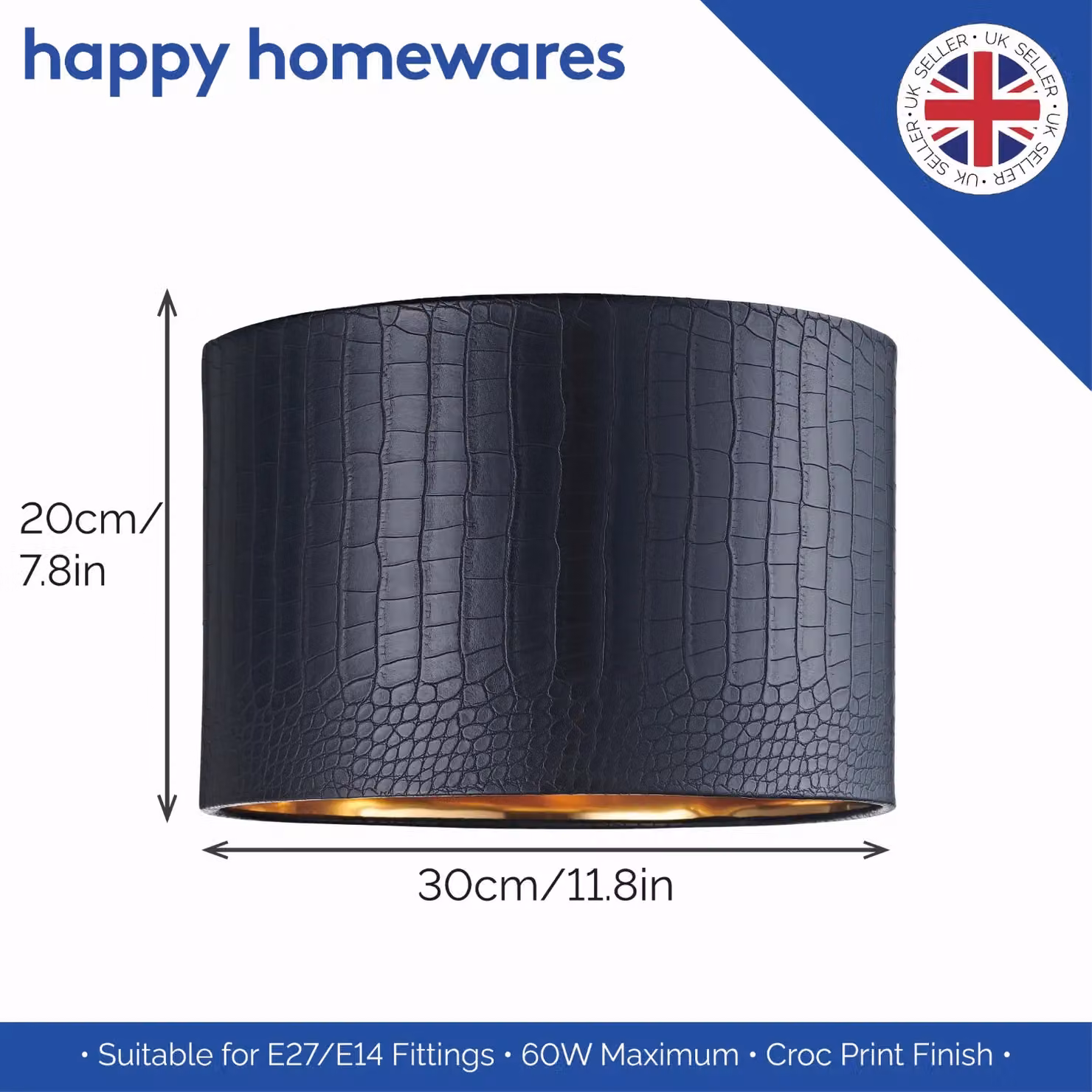 Happy Homewares Modern Round Faux Leather Lamp Shade with Shiny Inner in Black, Diameter: 30 cm – 5