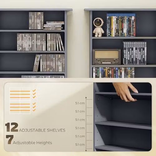 HOMCOM Grey Media Storage Unit with Adjustable Shelves for CDs and DVDs – 5