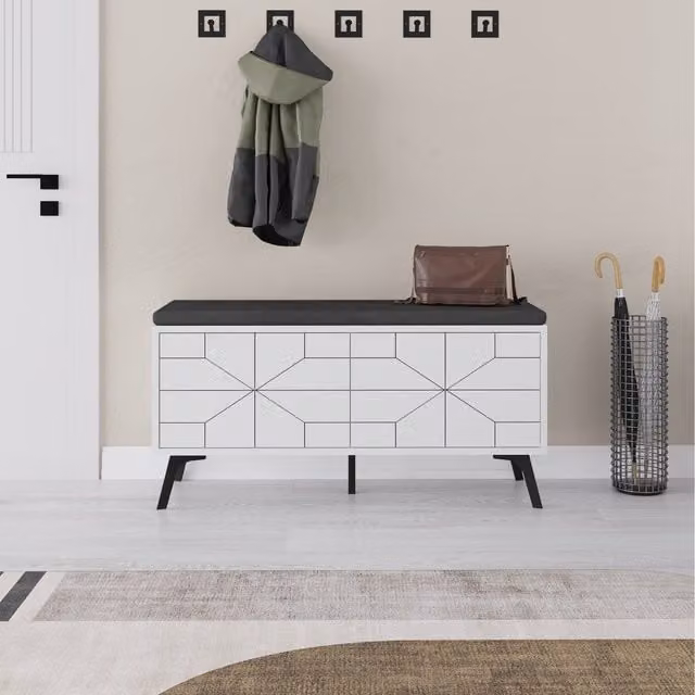 Decortie Dune Modern Geometric Shoe Bench Storage in White