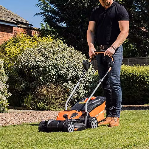 Yard Force 40V Cordless Lawn Mower and Grass Trimmer Set in Orange, featuring a 32cm Brushless Mower with Rear Roller, 30cm Strimmer, 30L Collection Bag, Battery and Charger Included – 3