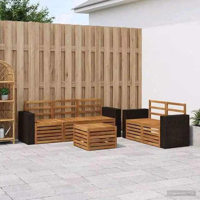 Berkfield Home L-Shape Modern Garden Sofa Set in Brown Solid Acacia Wood with Matching Ottoman – 1