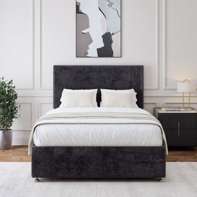 Bedmaster Luxury Velvet Small Single Divan Base and Plain Headboard in Black