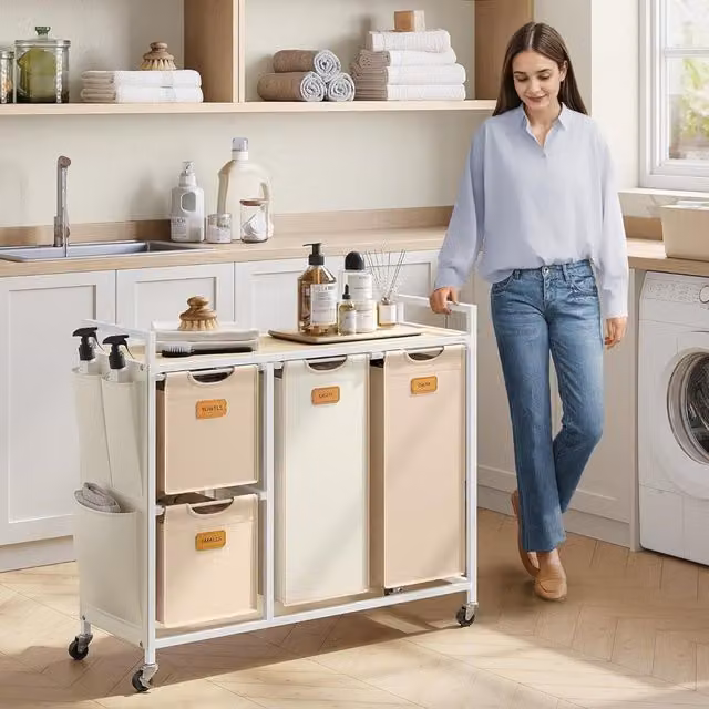 The Bazaarist 4 Compartment Laundry Cart with Shelves and Removable Bags in Natural Beige, Camel Brown and Cream White