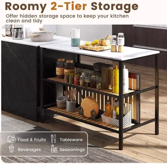 SPETLEK Modern White Kitchen Island and Bar Stool Set with Marble Effect Table and 2 Stools – 1