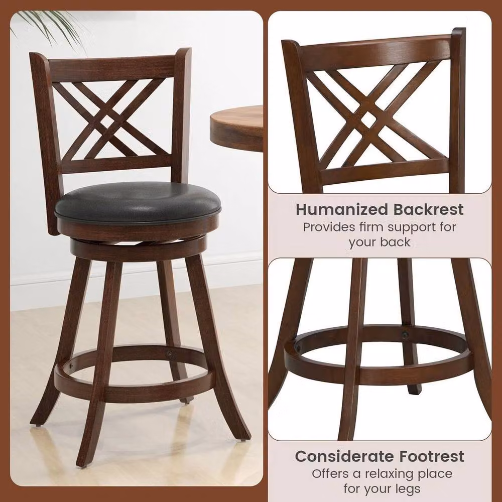 Hinsinc Set of 2 Brown Swivel Upholstered Counter Bar Stools with Synthetic Leather and Rubberwood – 4