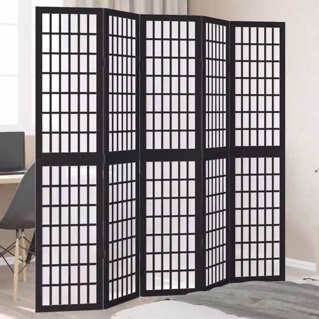 Berkfield Home 5 Panel Room Divider in Black Solid Paulownia Wood – 1