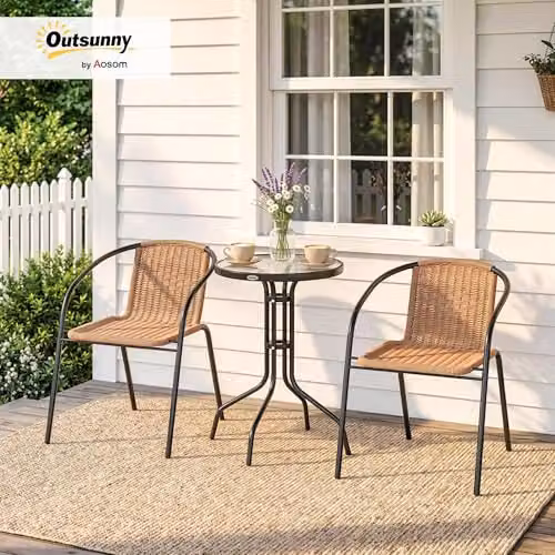 Outsunny 3 Piece Rattan Bistro Set with Round Glass Table and 2 Chairs, Brown – 2