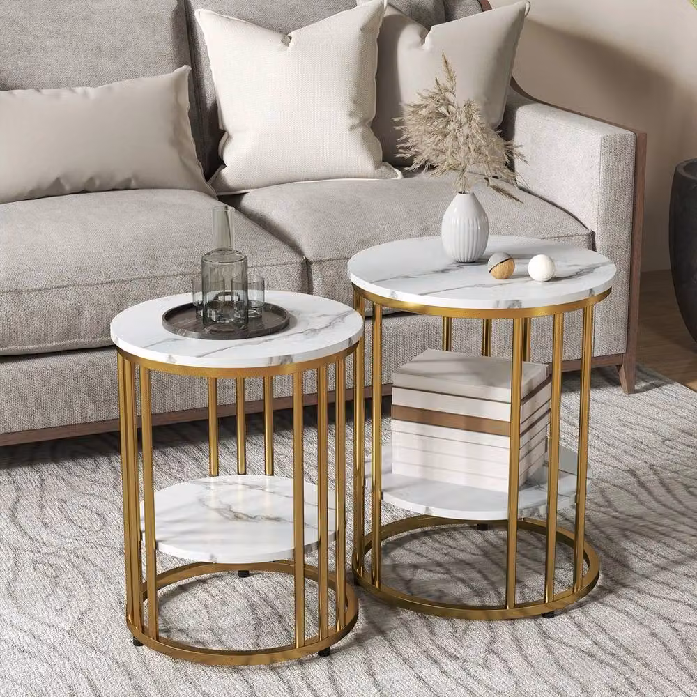 FORGEVIO Set of 2 Round Marble-Effect Coffee Tables in White and Gold – 2
