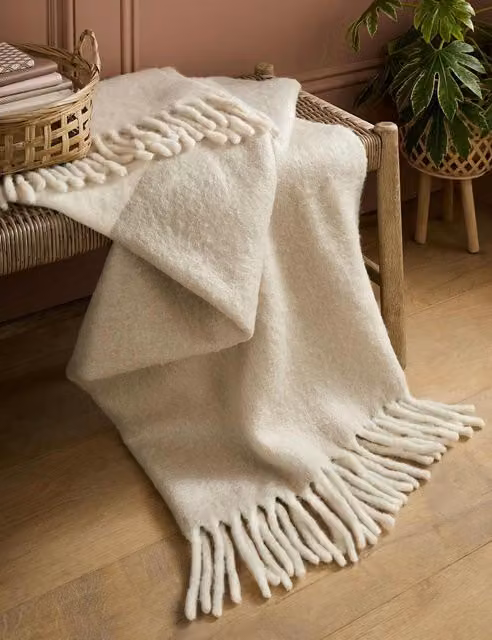 Laura Ashley Home Bronwen Woven Wool Blend Throw with Fringes in Sand and Beige Multicolour