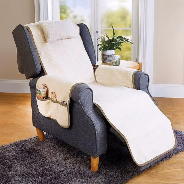 Coopers of Stortford Sherpa Fleece Armchair Cover with Adjustable Cushion and 3 Pockets in Beige – 1