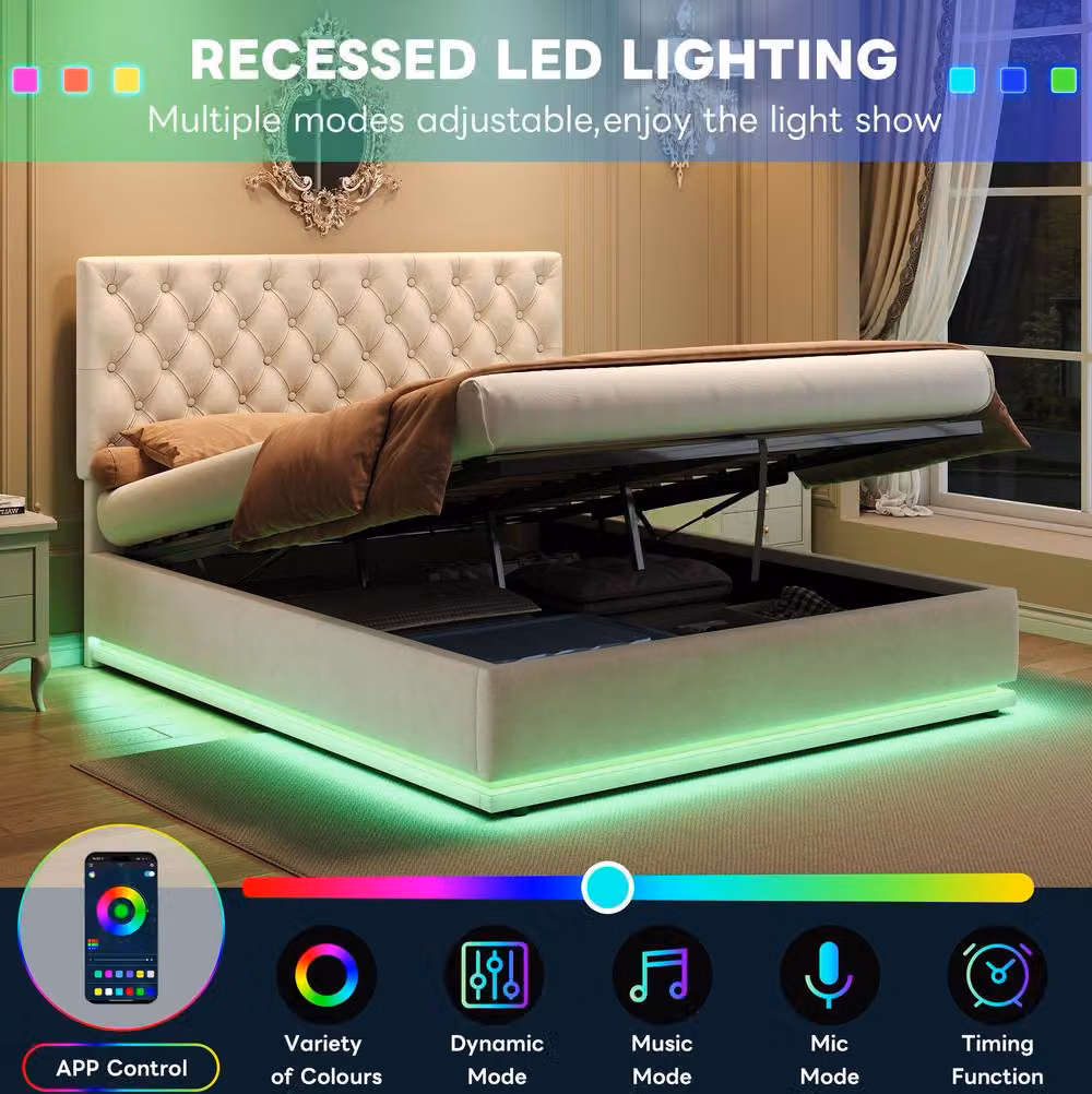 STILVORA Double Ottoman Bed in Beige Velvet with LED Under-Bed Lighting and Lift-Up Storage Base – 5