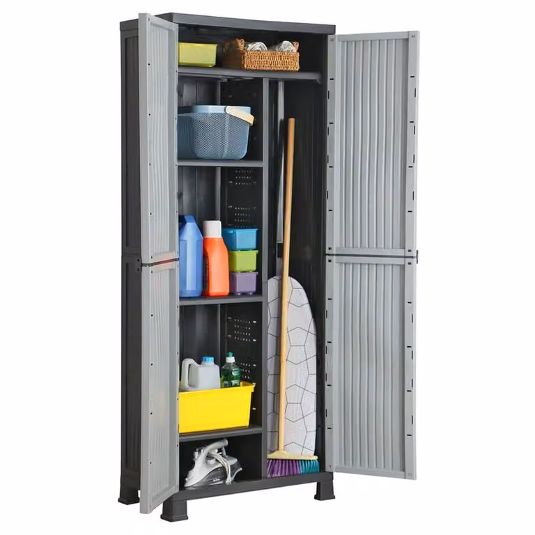 Berkfield Home Grey Plastic Cabinet with Hinged Doors, W/D/H: 68 x 39 x 171.5 cm