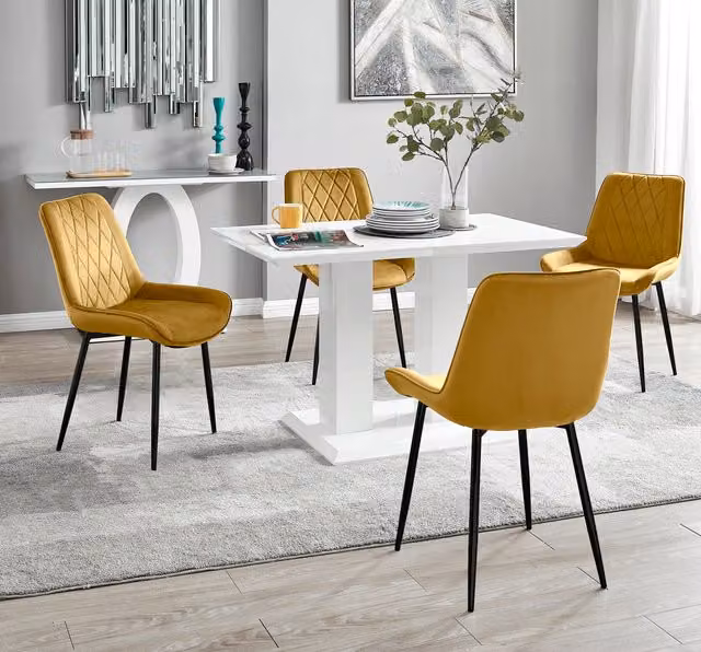 FurnitureboxUK Imperia White Rectangular Dining Table and 4 Pesaro Black Leg Chairs in Mustard