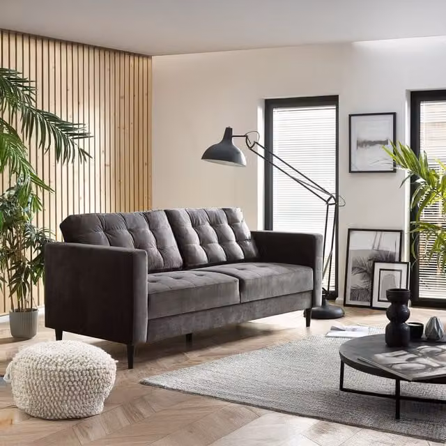 FurnitureboxUK Juno 3-Seater Velvet Sofa in Dark Grey with Solid Wood Frame