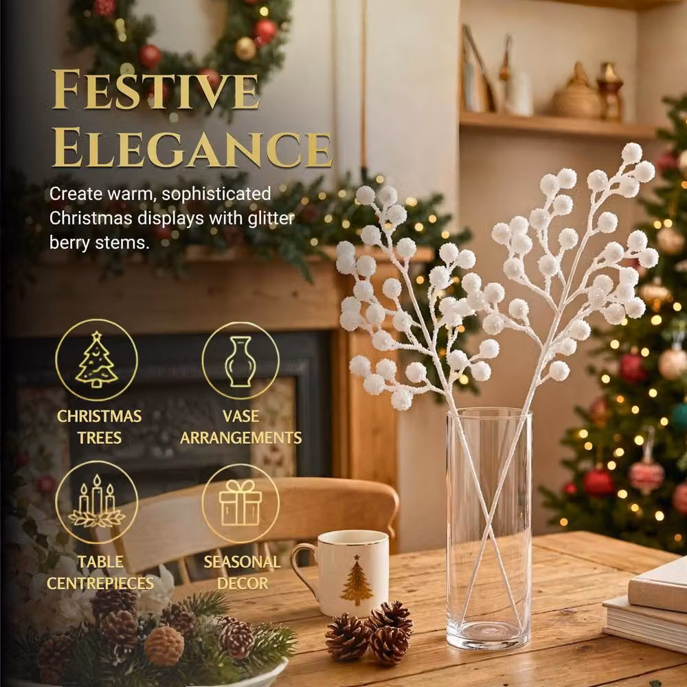 Shatchi 18 Pack White Glitter Berry Picks for Christmas and Winter Decor, Height: 45 cm – 5