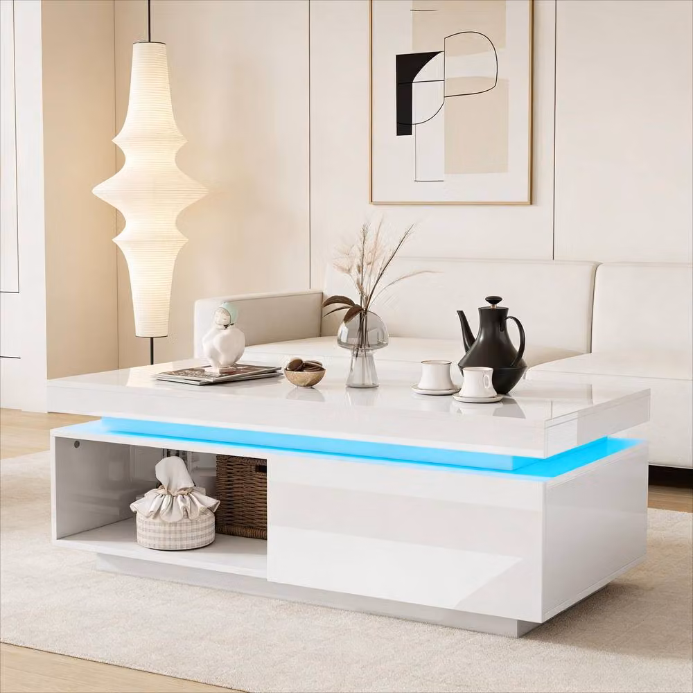 BTM White High Gloss LED Coffee Table with Drawer and Shelf, W/D/H: 100 x 50 x 40 cm – 2