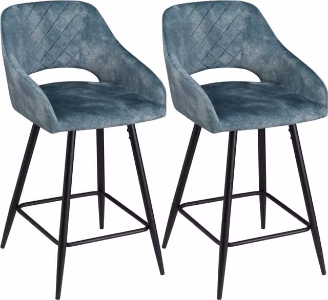 HOMCOM Set of 2 Blue Velvet Bar Stools with Metal Legs – 1