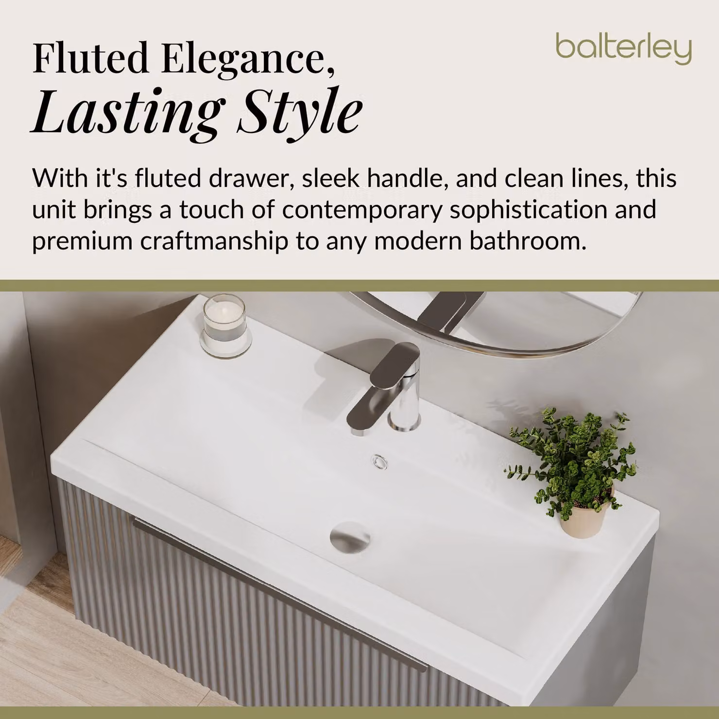 Balterley Fluted Wall Hung 1 Drawer Vanity Basin Unit and Basin, Satin Grey, Width: 80 cm – 2