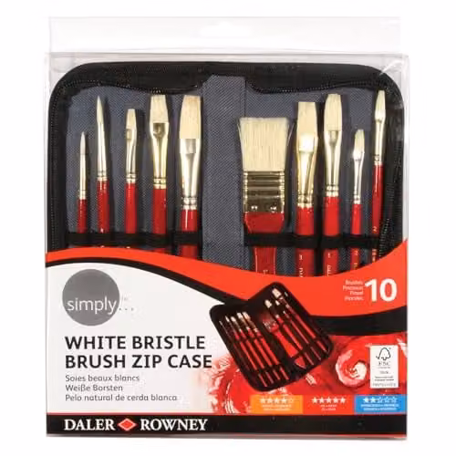 Daler-Rowney Simply Oil Brush Set with 10 Assorted White Bristle Short Handle Brushes in a Multicolour Zip Case