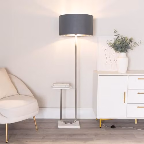 ValueLights Tavel Brushed Chrome Metal Floor Lamp with Anthracite Inner Shade and Warm White Bulb – 2