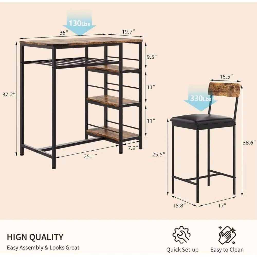 KORVIXA Modern Square Dining Table Set with 2 Upholstered Bar Stools, Brown, W/D/H: 100 x 100 x 100 cm – 2