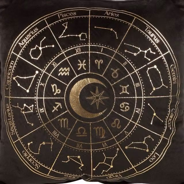 KDMK Celestial Elegance Astrology Wheel Cushion, Black, White and Gold, Diameter: 35 cm