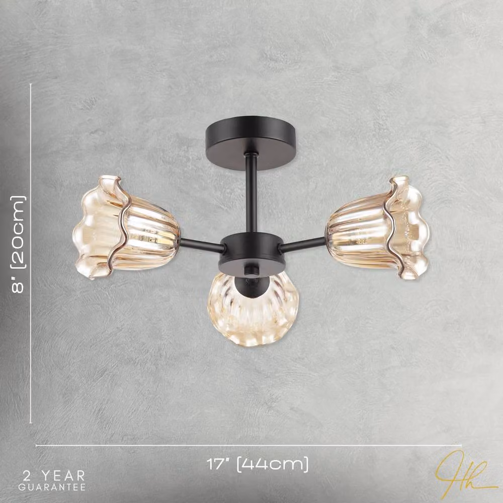 Happy Homewares Modern Matte Black Ceiling Light with Amber Glass Shades – 3