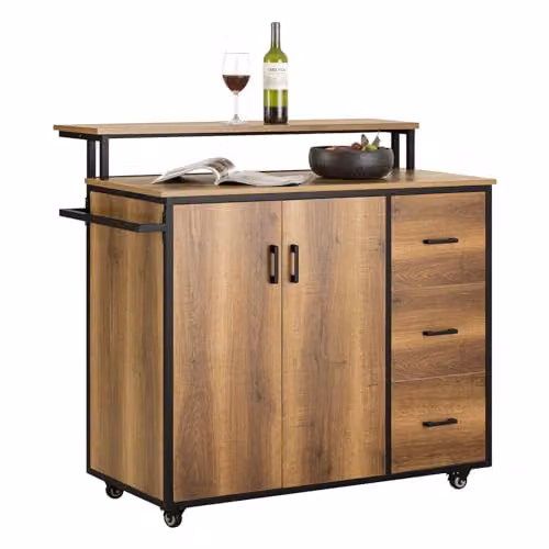 SoBuy Vintage Design Bar Cabinet on Wheels with Hinged Doors, Brown and Black, W/D/H: 69.0 x 56.15 x 113.0 cm – 1