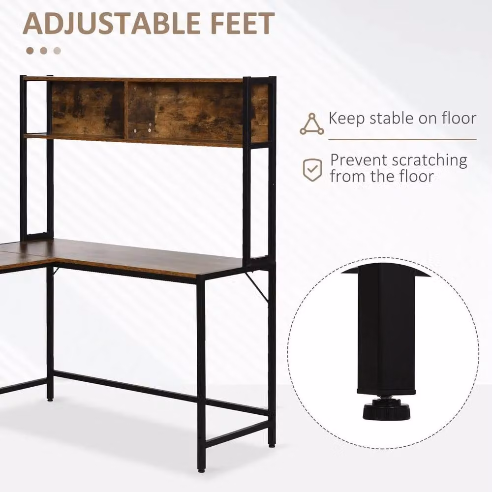 Hinsinc L Shaped Industrial Corner Desk with Storage Shelf in Brown and Black – 3