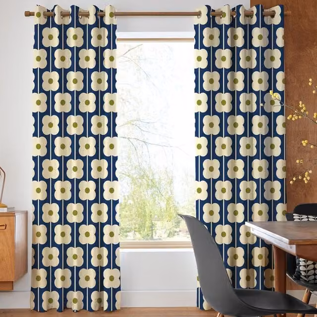 Orla Kiely Abacus Flower Made To Measure Blackout Eyelet Curtains in Blue and Green Cotton