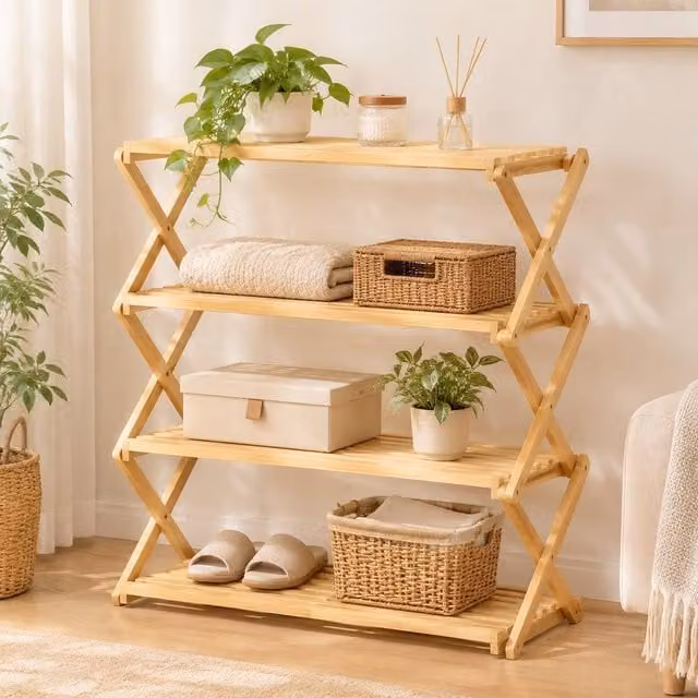 STILVORA 4-Tier Folding Bamboo Shoe Rack in Sand – 1