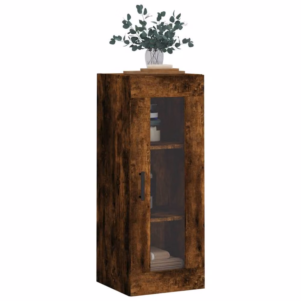 Berkfield Home Wall Mounted Smoked Oak Cabinet with Glass Doors in Brown, W/D/H: 34.5 x 34 x 90 cm – 4