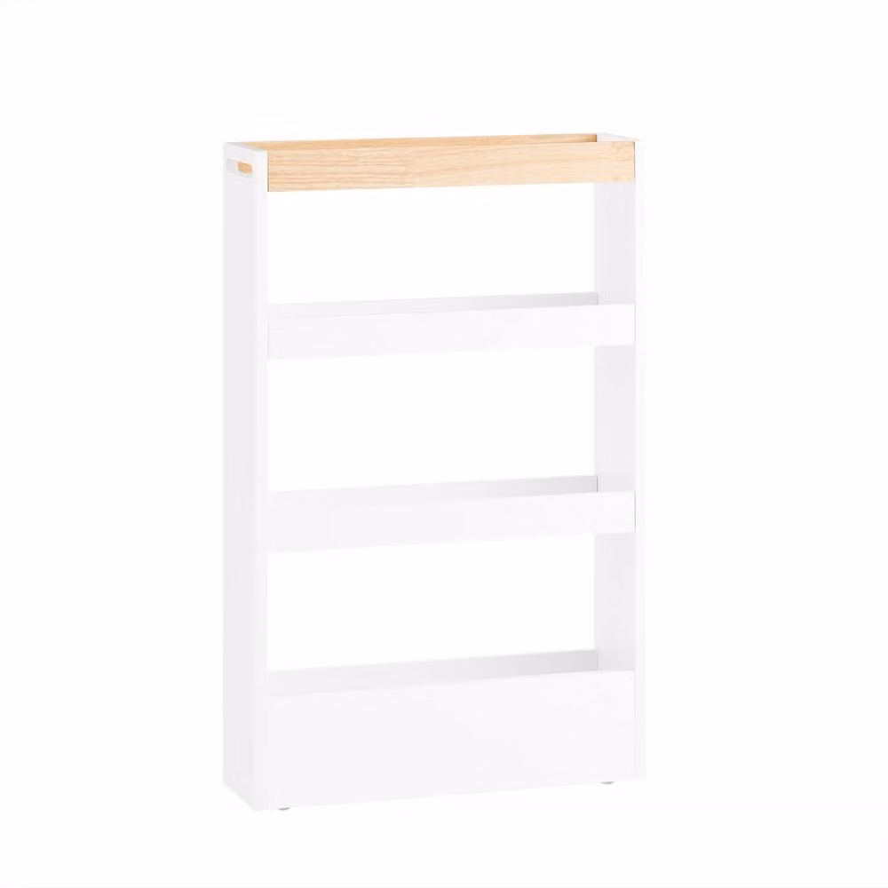 SoBuy Slim Freestanding Kitchen and Bathroom Trolley with Wood-Effect Top in White – 2