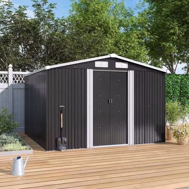 Lifeideas Metal Apex Roof Garden Shed with Sliding Doors and Side Vent, Charcoal Black