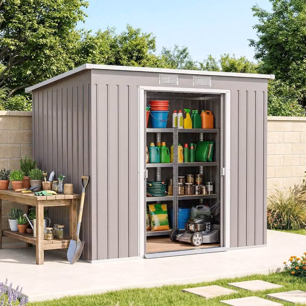 STILVORA Modern Steel Garden Shed with Foundation Kit and Double Doors, Grey, W/D/H: 213 x 130 x 172 cm – 3