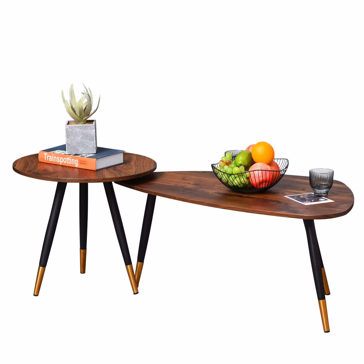 HOMCOM Set of 2 Nesting Oval Coffee Tables in Brown and Gold – 2
