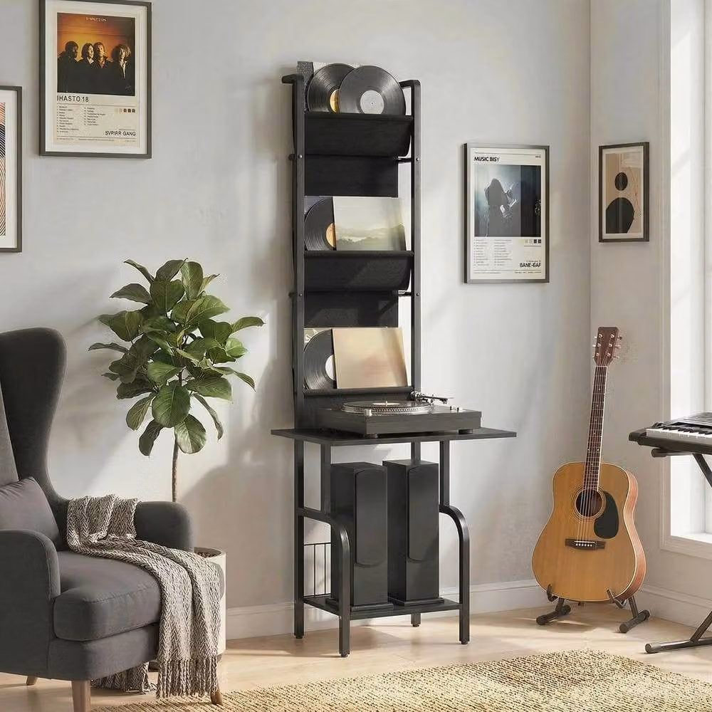 NESTLUNE Black Vinyl Record Player Stand with Media Compartments, W: 100 cm, H: 144 cm, D: 15 cm – 6