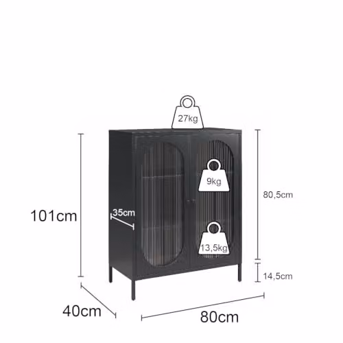 Dorel Home Luna Metal Cabinet with 2 Fluted Glass Doors, Black, W/D/H: 80 x 40 x 102 cm – 2
