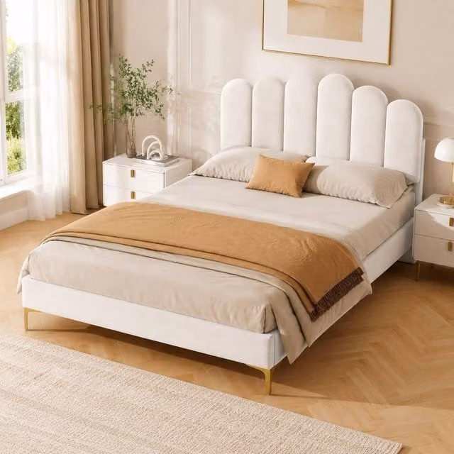 STILVORA Double Upholstered Bed Frame with Storage Drawers in Beige Velvet, W/D/H: 140 x 200 cm – 1