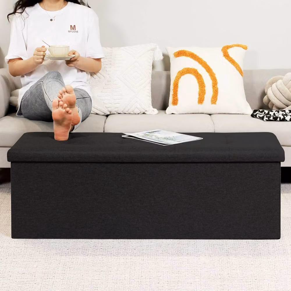Dprodo Linen Folding Storage Ottoman and Foot Rest Stool in Black, W/D/H: 110 x 38 x 38 cm – 4