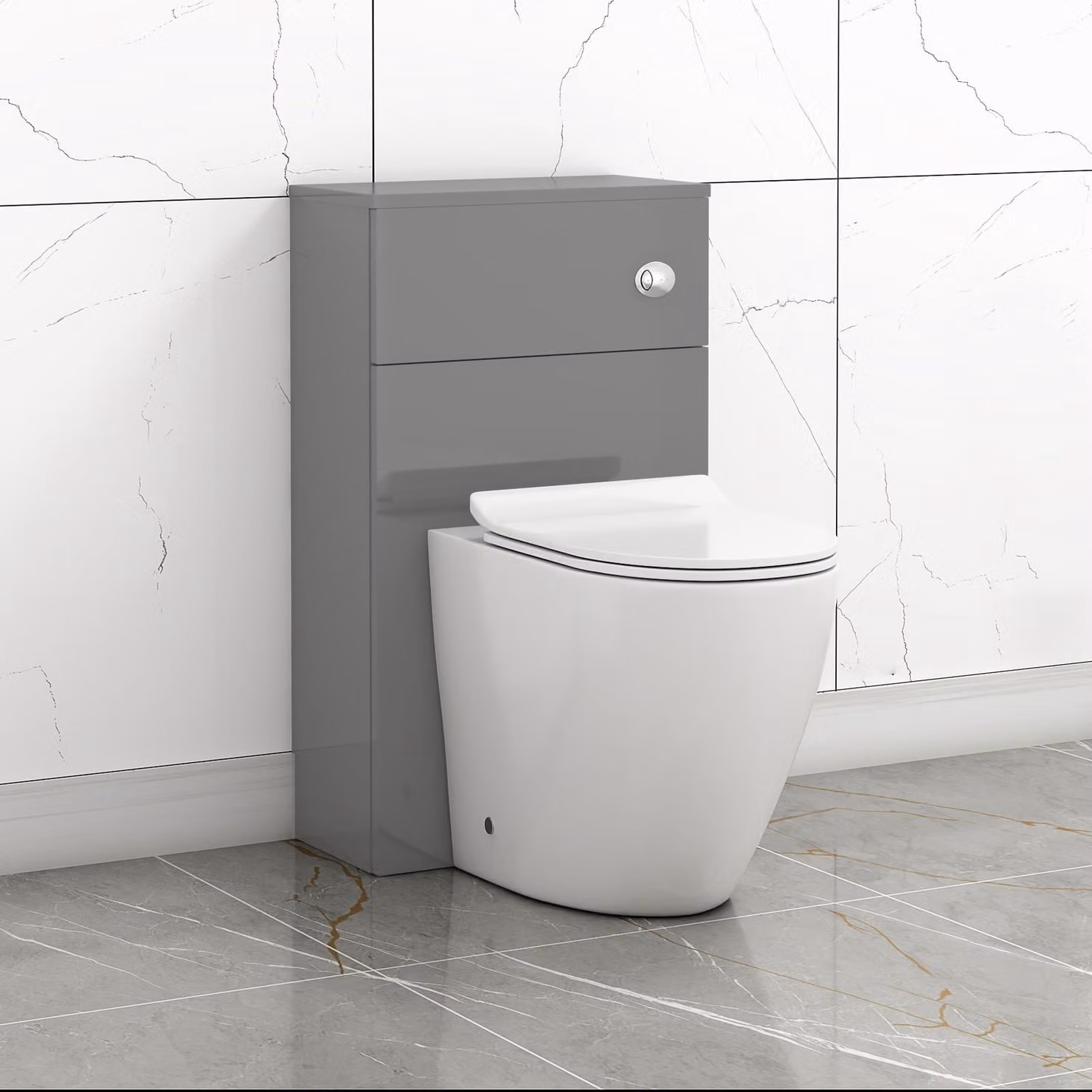 Royal Bathrooms Grey Gloss 500mm Wall Mounted WC Toilet Unit with White Rimless Short Projection Ceramic BTW Pan and Soft Close Seat