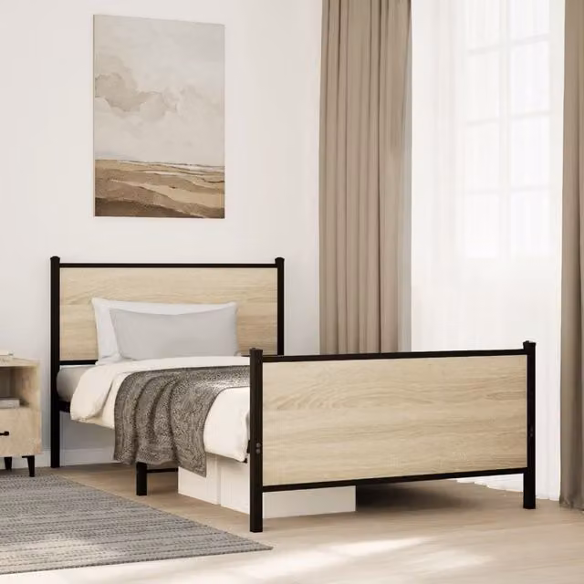 Berkfield Home Metal Bed Frame in Sonoma Oak Brown, W/D/H: 100 x 190 cm – 1