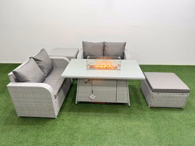 Fimous 5 Seater Rattan Garden Furniture Set in Light Grey with Firepit Dining Table, Big Footstool and Side Table